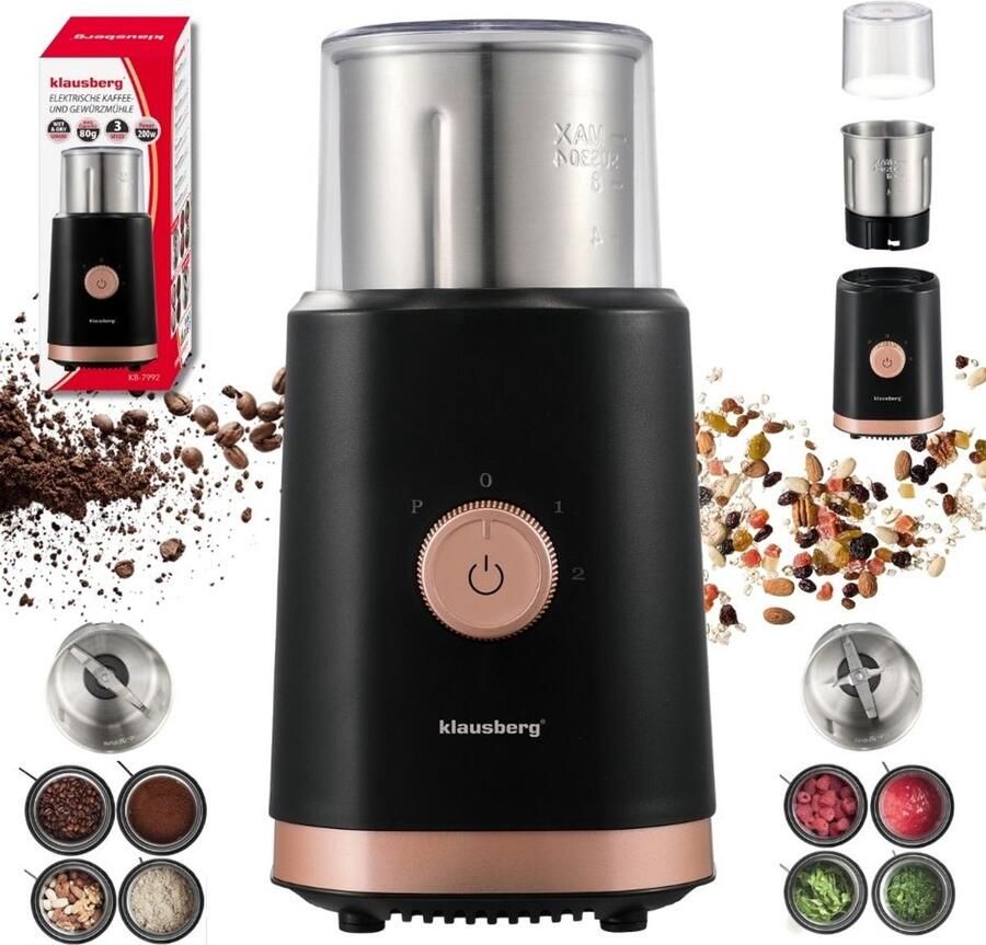 KLAUSBERG KB-7992 Elektrische 2-in-1 Koffie- en Kruidenmolen – 200W – RVS Bekers – Droog & Nat Malen – 3 Snelheden – 80g Capaciteit – zwart Koper