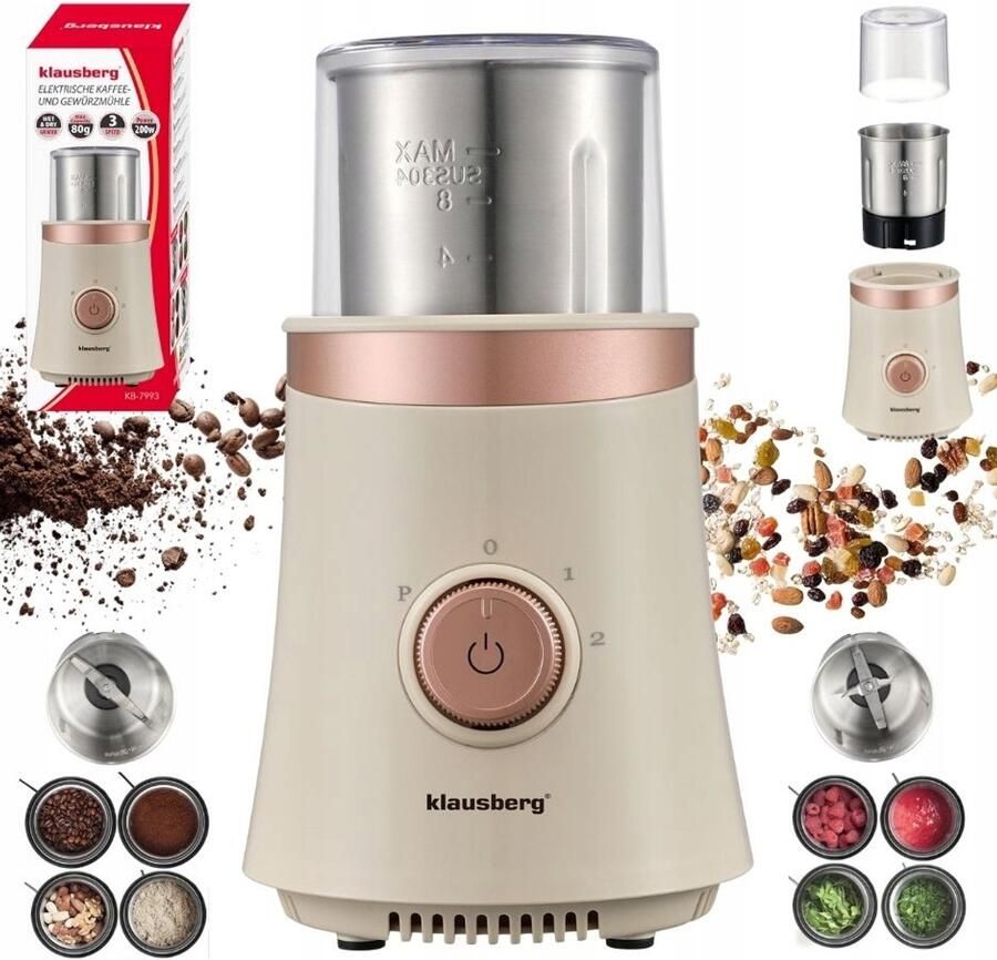 KLAUSBERG KB-7993 Elektrische 2-in-1 Koffie- en Kruidenmolen – 200W – RVS Bekers – Droog & Nat Malen – 3 Snelheden – 80g Capaciteit – beige Koper