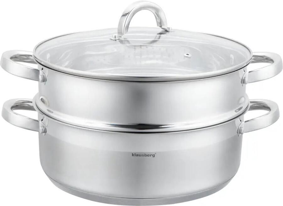 KLAUSBERG Stoompan 3-delige RVS Stoomkookset Stoominzet Glazen Deksel Inductie Gas Elektrisch RVS 6 Liters 28 cm Zilver