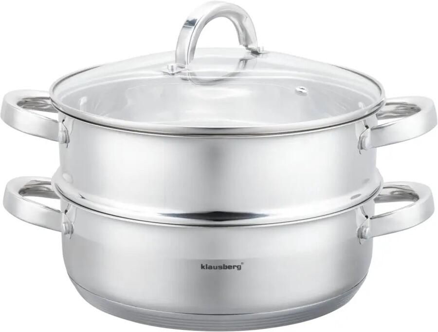 KLAUSBERG Stoompan 3-delige RVS Stoomkookset Stoominzet Glazen Deksel Inductie Gas Elektrisch RVS 6 Liters 26 cm Zilver