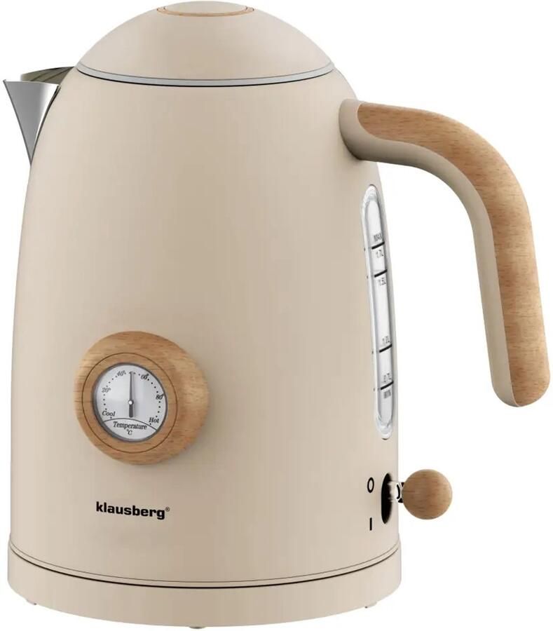 KLAUSBERG Waterkoker Retro Waterkoker Elektrische Waterkoker met Thermometer Design Waterkoker met Houtkleur Grote Waterkoker Keuken Thee & Koffie Koker 1.7L RVS 2200W Beige