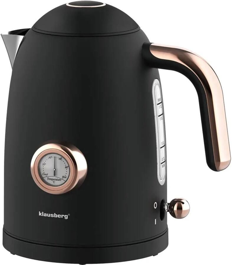 KLAUSBERG Waterkoker Retro Waterkoker Elektrische Waterkoker met Thermometer Design Waterkoker met Rose Gold Grote Waterkoker Keuken Thee & Koffie Koker 1.7L RVS 2200W Zwart