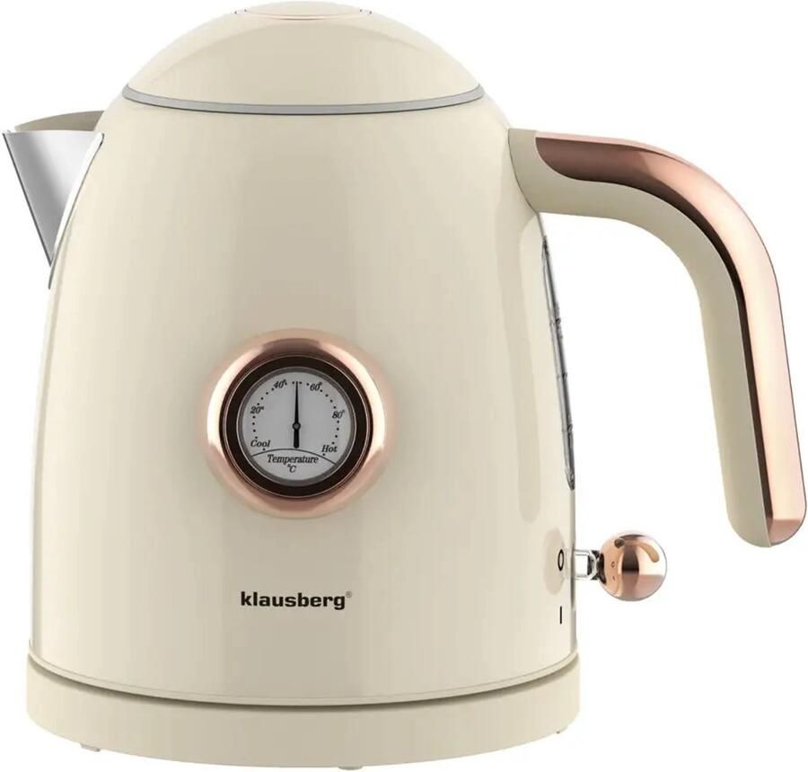 KLAUSBERG Waterkoker Retro Waterkoker Kleine Elektrische Waterkoker Thee Waterkoker met Thermometer Compacte Waterkoker Design Keukenapparaat 1L 1200W RVS Crème
