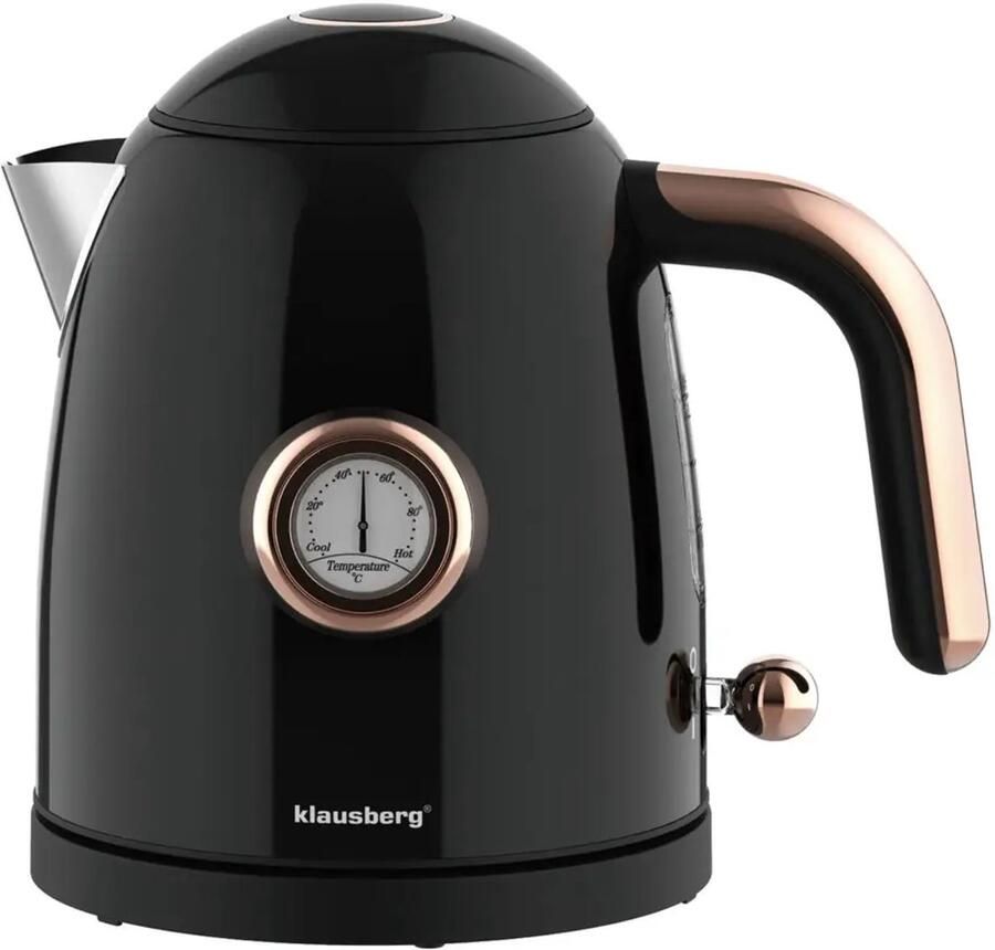 KLAUSBERG Waterkoker Retro Waterkoker Kleine Elektrische Waterkoker Thee Waterkoker met Thermometer Compacte Waterkoker Design Keukenapparaat 1L 1200W RVS Zwart