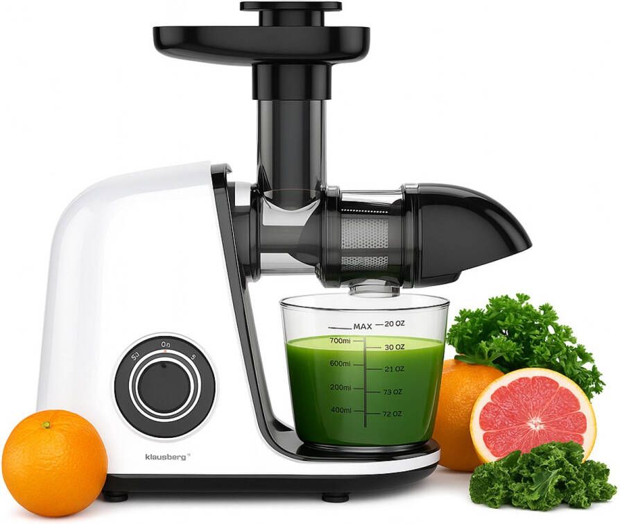 KLAUSBERG Slow Juicer – 150W 700ml Cold Press Groenten en Fruitpers – Met Pulpreservoir Wit Stille Horizontale Juicer met 7-Traps Perssysteem