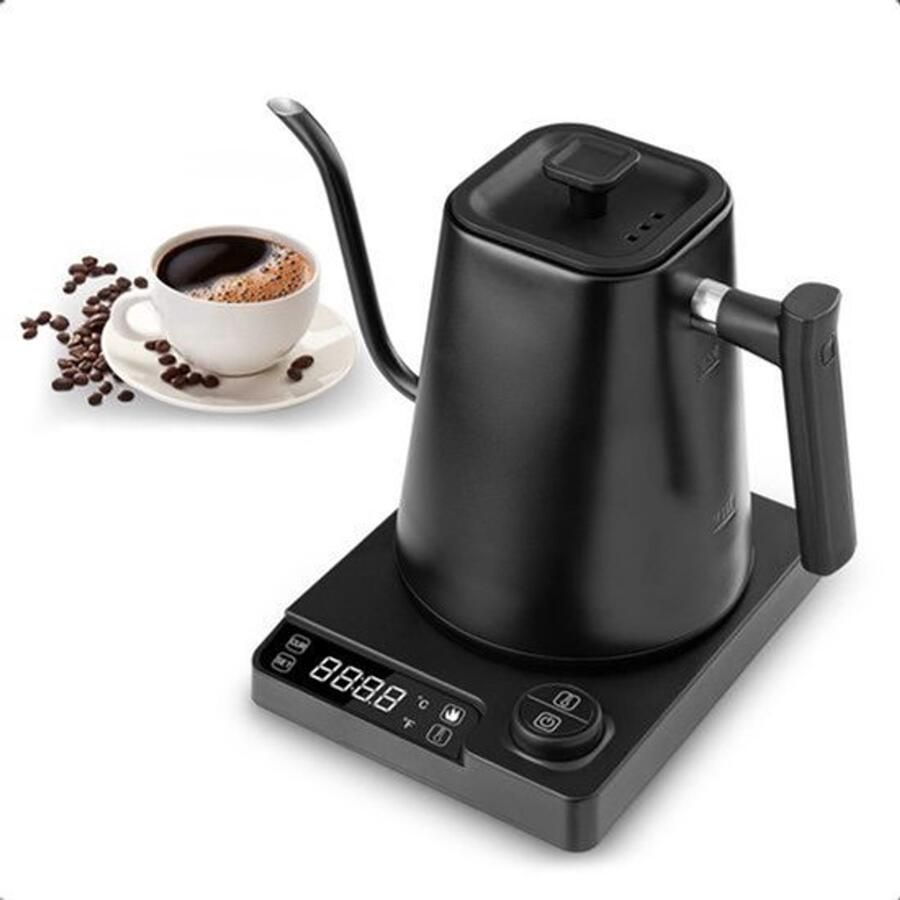 Koffieketel zwanenketel waterkoker met temperatuurinstelling 40 tot 100 graden warmhoudfunctie roestvrij staal 1 l 1200 W snelle verwarming warm houden digitale sensorknoppen mat zwart