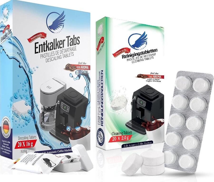 Koffiemachinereiniger Koffiemachine Onderhoudsset 40 20 Ontkalkingstabletten + 20 ECO fosfaatvrije Reinigingstabletten Effectieve Reiniging Verbetert Smaak & Langere Levensduur o.a. voor Jura Krups Philips DeLonghi