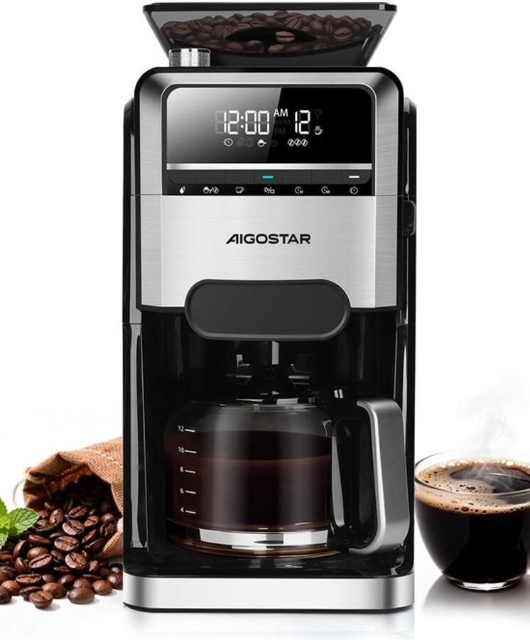 Koffiezetapparaat met ingebouwde molen 1400W Filterkoffiezetapparaat 7 maalstanden 3 aromastandjes 1 5 liter (2-12 koppen) 24-uurs timer warmhoudfunctie Zwart voor vers koffiegenot