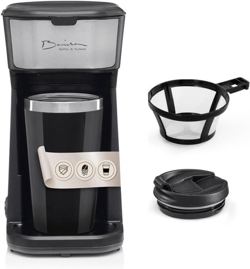 Koffiezetapparaat to go 450 watt compact filterkoffiezetapparaat met thermobeker kleine draagbare coffee to go machine incl. isolatiebeker & nylon permanent filter zwart