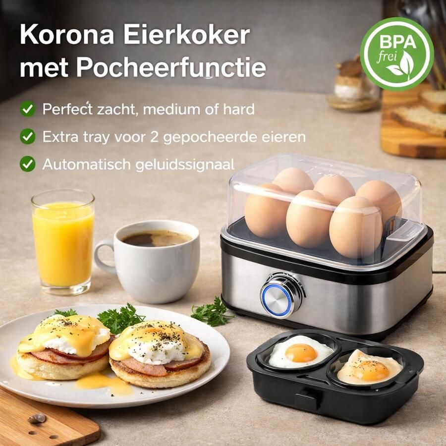 Korona Eierkoker voor 6 Eieren – RVS Eierkoker met Pocheerfunctie Maatbeker en Timer LED signaal