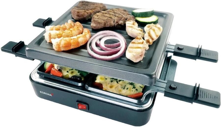 Korona Gourmetstel Tafelgrill voor 4 Personen Gourmetten Grillen en Racletten Grillstel Raclette Elektrische Tafelgrill Inclusief 4 Pannetjes en Spatels Gourmet Complete Set 600 W Antiaanbaklaag en Anti-slip Zwart
