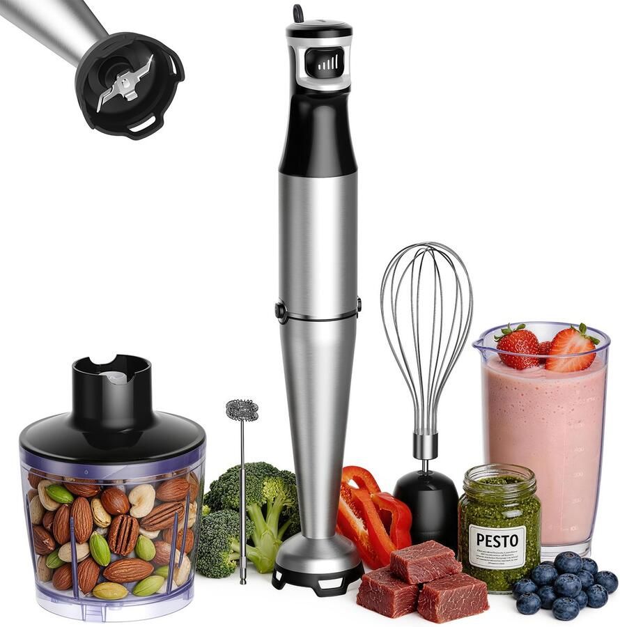 Kotsren 5-in-1 Staafmixer Set Elektrische Hand blender – Krachtige 1100W Motor Inclusief melkschuimer garder hakmolen maatbeker BPA-vrij
