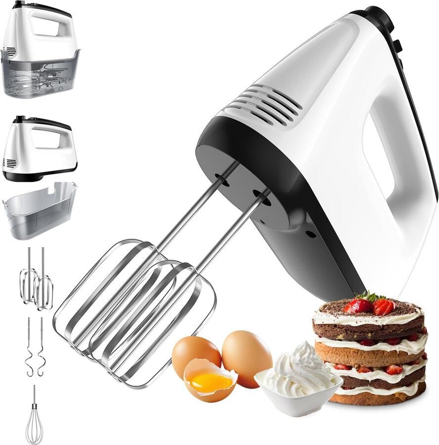 Kotsren Krachtige Elektrische Handmixer met 6 Snelheden & Turbo Met Kloppers & Kneedhaken Keukenmachine Wit
