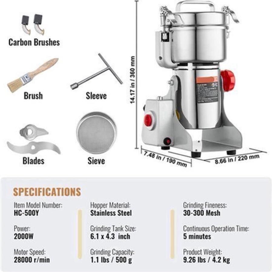 Krachtige Graanmaler – Specerijenmaler – Kruidenmolen – Elektrische Grinder – 2000W Motor – 500 Gram Capaciteit