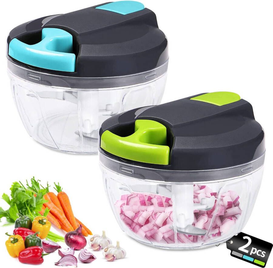 Kraftverdia ™-Handmatig hakmolen-520 ml Mini Uienhakker-Uiensnijder Keuken-3 Roestvrijstalen Messen-Groentesnijder-2 stuks
