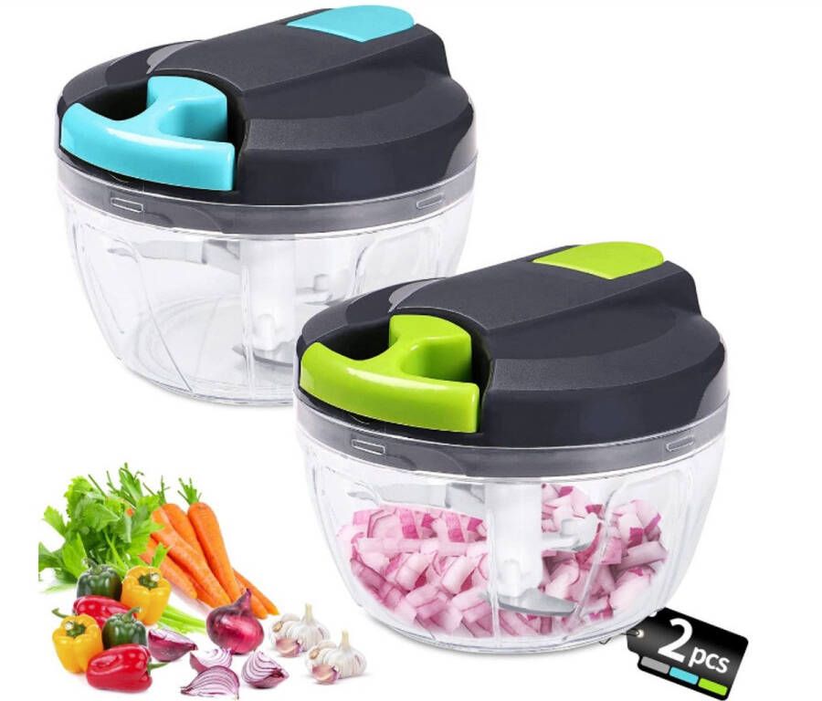Kraftverdia ™-Handmatig hakmolen-520 ml Mini Uienhakker-Uiensnijder Keuken-3 Roestvrijstalen Messen-Groentesnijder-2 stuks