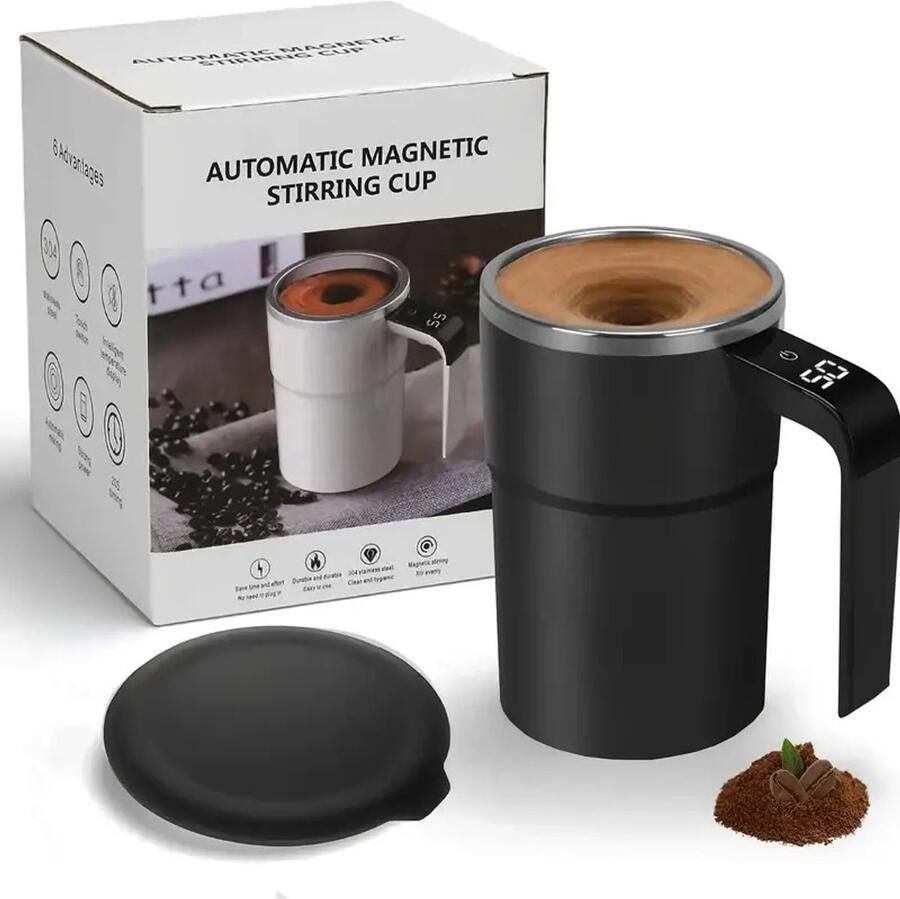 Kraftverdia Zelfroerende Koffiemok 380 ml elektrische automatische mengbeker Draagbare LED-temperatuurweergave Voor koffie en melk Zwart