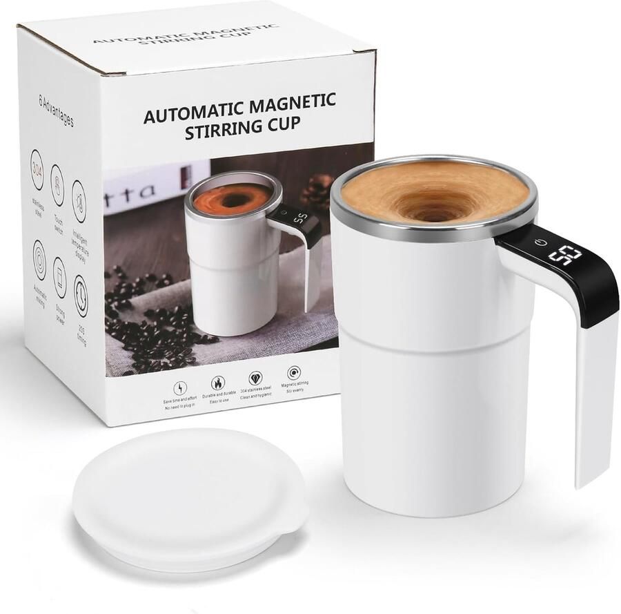 Kraftverdia Zelfroerende Koffiemok 380 ml elektrische automatische mengbeker Draagbare LED-temperatuurweergave Voor koffie en melk Wit