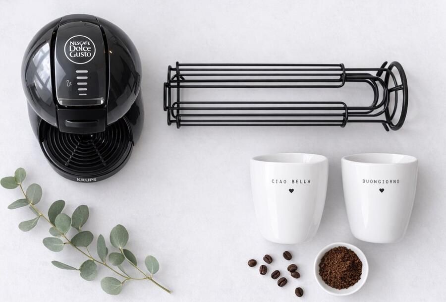 Krups Cadeaupakket met Minime 123810 Anthraciet zwart + capsulehouder voor DOLCE GUSTO-capsules zwart + 2 witte mokken met opschrift BUONGIORNO & CIAO BELLA - Foto 3