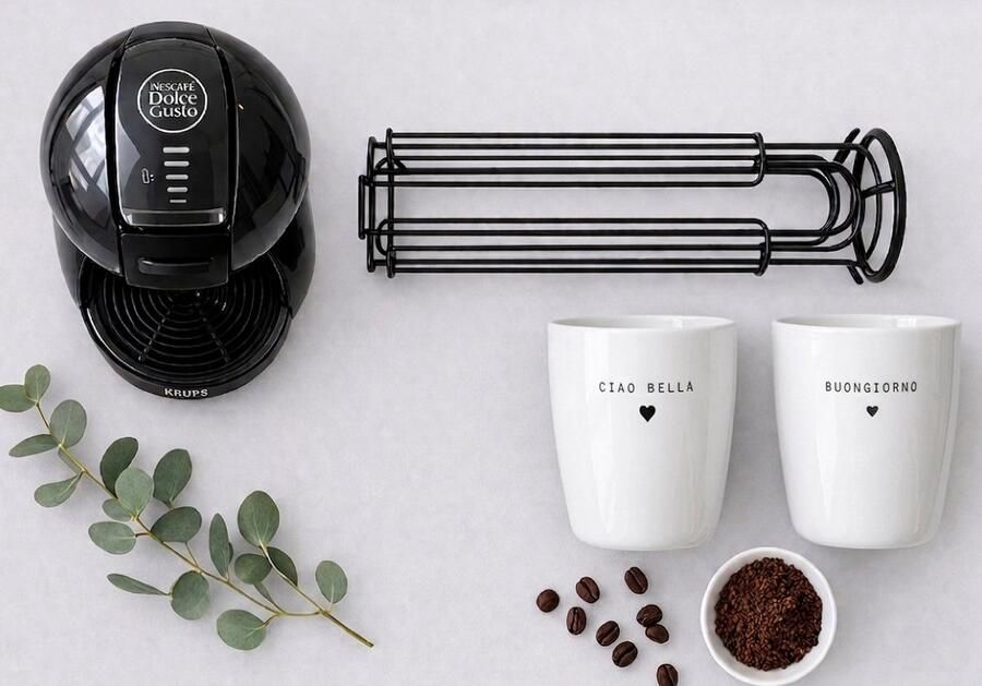 Krups Cadeaupakket met Minime 123810 Anthraciet zwart + capsulehouder voor DOLCE GUSTO-capsules zwart + 2 witte mokken met opschrift BUONGIORNO & CIAO BELLA - Foto 2