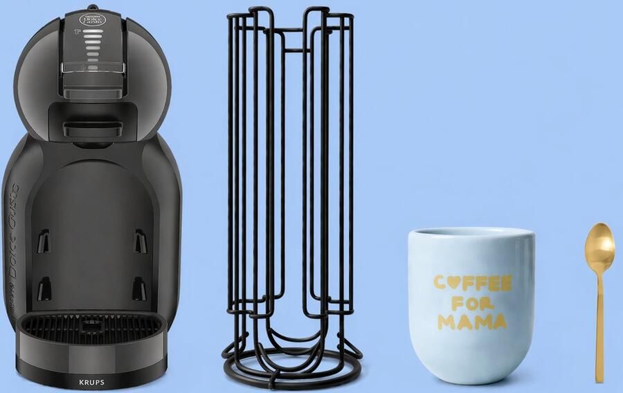Krups Cadeaupakket voor Mama Minime 123810 Anthraciet Zwart + Capsulehouder voor DOLCE GUSTO-capsules + Blauwe Mok “Mama” + goudkleurig theelepeltje
