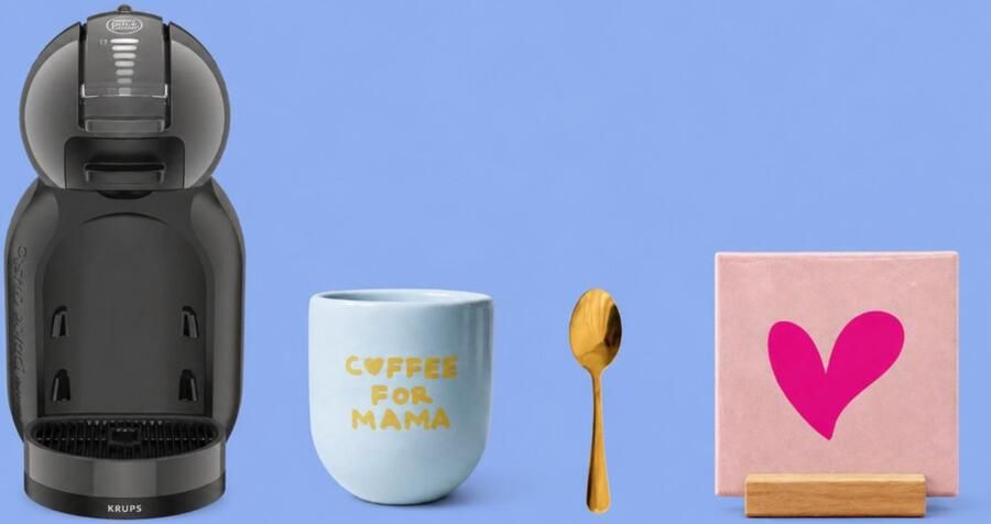 Krups NESCAFÉ Dolce Gusto MiniMe KP120810 Koffiecupmachine Antraciet zwart + 1 blauwe mok Coffee for mama + roze tegel met hartje + tegelhouder
