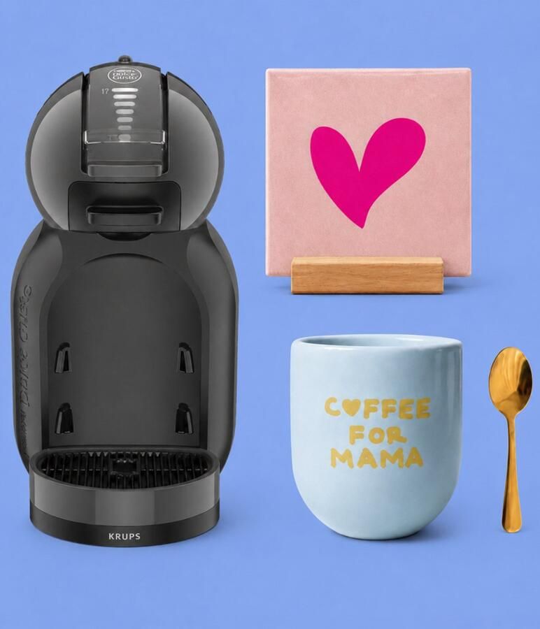 Krups NESCAFÉ Dolce Gusto MiniMe KP120810 koffiecupmachine zwart antraciet mama cadeaupakket met blauwe Coffee for mama mok goudkleurig koffielepeltje hartjestegel en tegelhouder - Foto 2