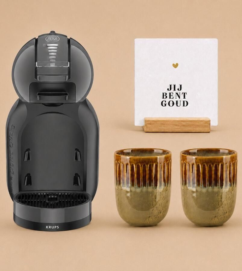 Krups NESCAFÉ Dolce Gusto MiniMe KP120810 Koffiecupmachine Antraciet zwart + 2 bruin-beige mokken zonder oor + witte tegel Jij bent goud + tegelhouder