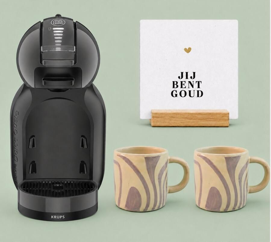 Krups NESCAFÉ Dolce Gusto MiniMe KP120810 Koffiecupmachine Antraciet zwart + 2 grijsgestreepte mokken met oor + witte tegel Jij bent goud + tegelhouder