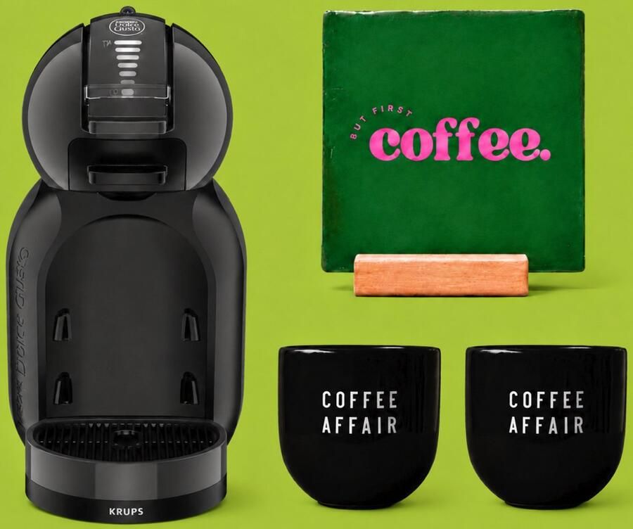 Krups NESCAFÉ Dolce Gusto MiniMe KP120810 Koffiecupmachine Antraciet zwart + 2 zwarte mokken Coffee Affair + groene tegel But first coffee + tegelhouder (cadeau)PAKKET - Foto 2