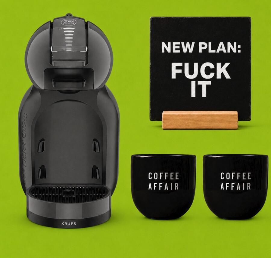 Krups NESCAFÉ Dolce Gusto MiniMe KP120810 Koffiecupmachine Antraciet zwart + 2 zwarte mokken Coffee Affair + zwarte tegel Fuck it new plan + tegelhouder (cadeau)PAKKET