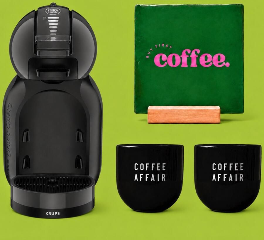 Krups NESCAFÉ Dolce Gusto MiniMe KP120810 Koffiecupmachine Antraciet zwart + 2 zwarte mokken Coffee Affair + groene tegel But first coffee + tegelhouder (cadeau)PAKKET