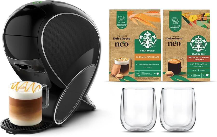 Krups Nescafé Dolce Gusto NEO YY5892FD – Bundle met 2 Starbucks mugs & Americano + Latte Macchiato Caramel koffie – Capsule koffiemachine – SmartBrew & AirFoam technologie – 1 3 L waterreservoir