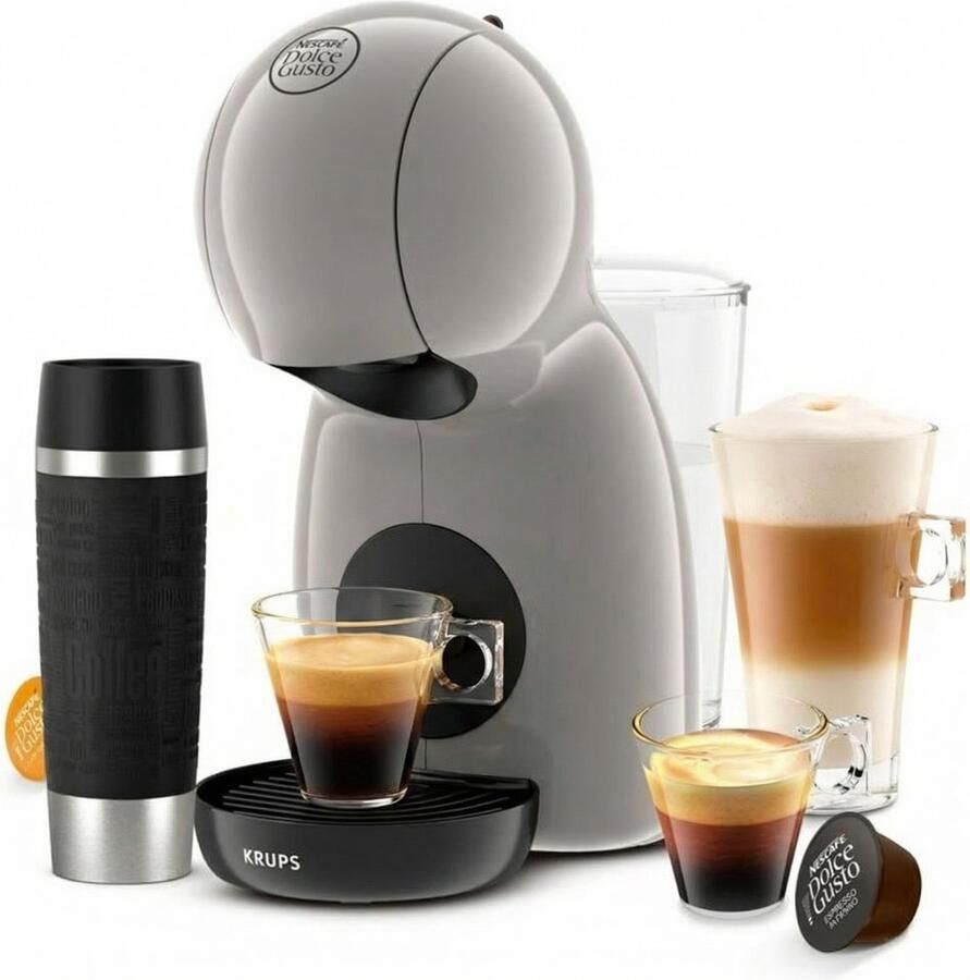 Krups Nescafé Dolce Gusto Piccolo XS YY5742FD met Travel Mug thermische roestvrijstalen – Capsule koffiemachine – 15 bar – Basic Taupe – Compacte koffiemachine – Warme & koude dranken