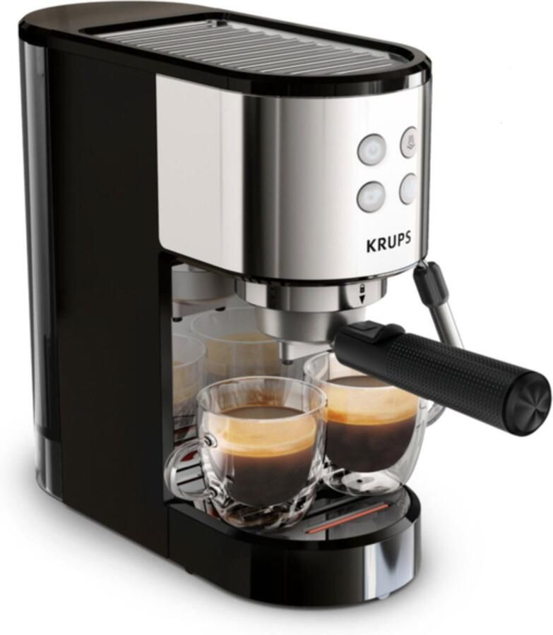 Krups Espressomachine XP4418 Virtuoso Essential Zeefdrager Roestvrijstalen applicaties slank compact design 2 filterinzetstukken