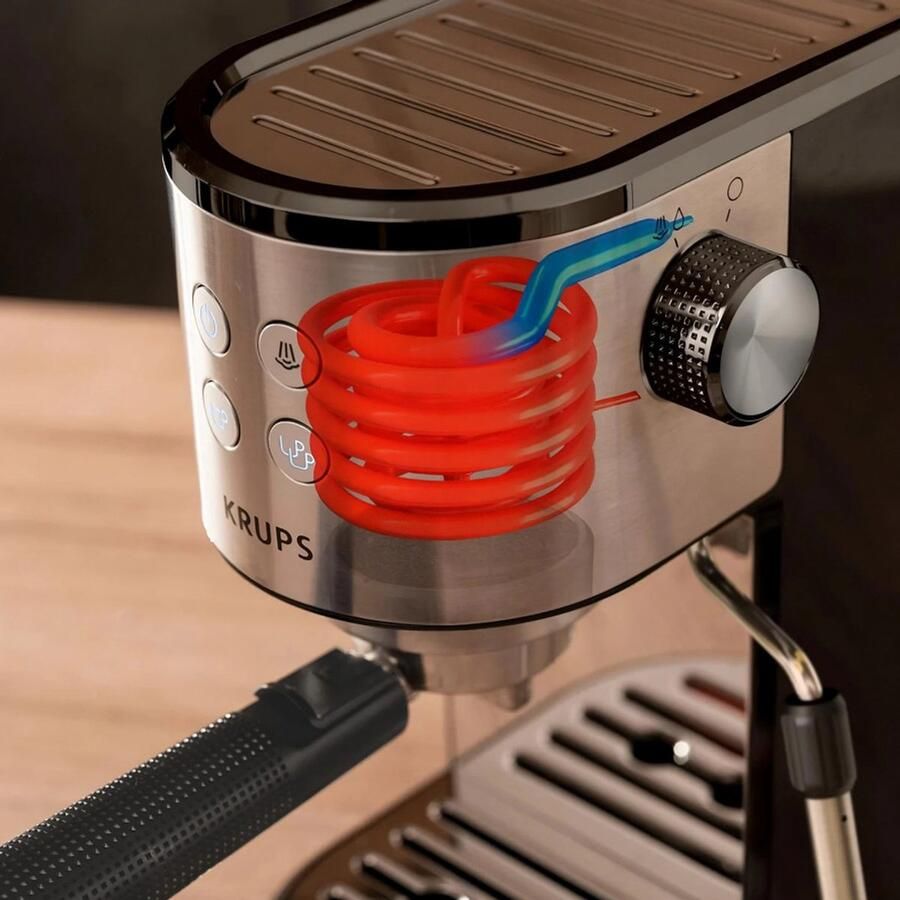 Krups Espressomachine XP4418 Virtuoso Essential Zeefdrager Roestvrijstalen applicaties slank compact design 2 filterinzetstukken