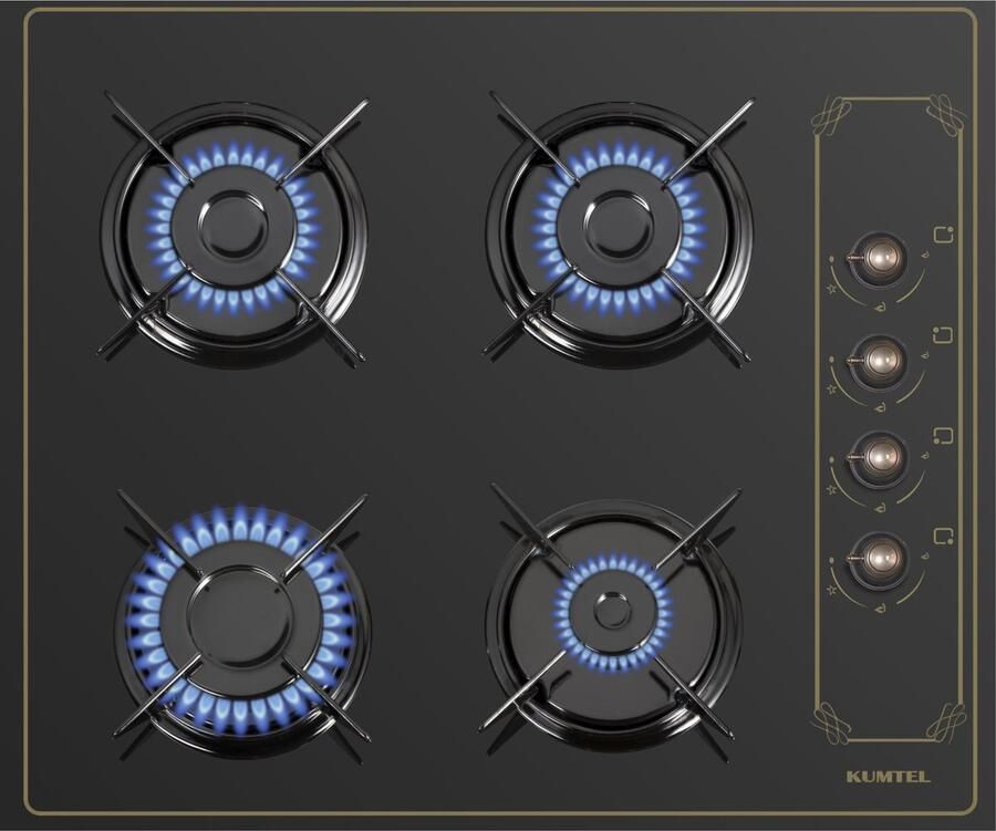Kumtel KO-40TAHDF – Inbouw Gaskookplaat – 4 Pits – Zwart Glas – 52x60 cm – Aardgas & LPG - Foto 2