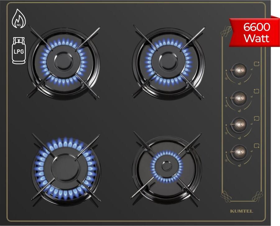 Kumtel KO-40TAHDF – Inbouw Gaskookplaat – 4 Pits – Zwart Glas – 52x60 cm – Aardgas & LPG