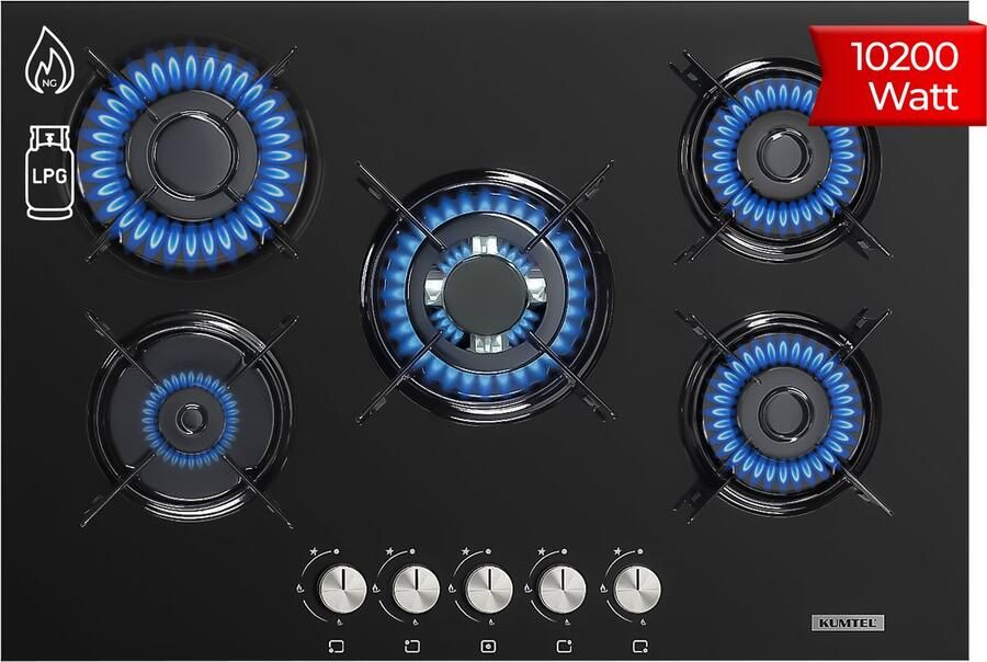 Kumtel KO-500A HDF – Inbouw Gaskookplaat – 5 Pits Wokbrander – 75 cm – Aardgas & LPG