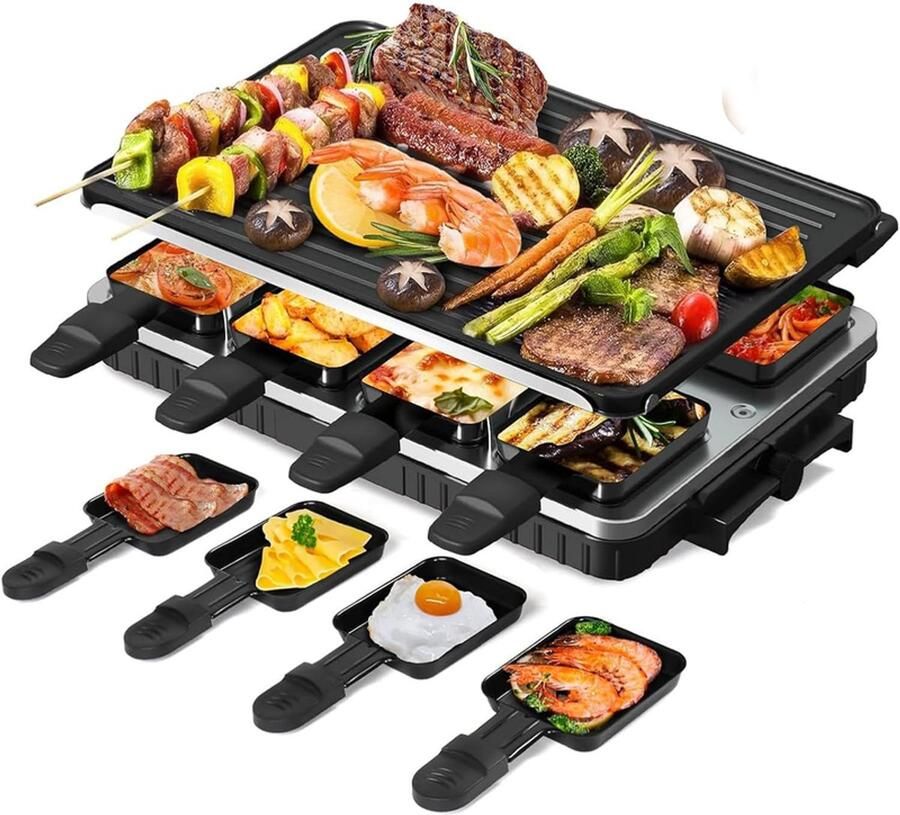 KZQ 2-in-1 grill voor 8 personen Elektrische BBQ met 8 anti-aanbak pannetjes Omkeerbare grillplaat en spatel 1300W Perfect voor feestjes en thuis koken