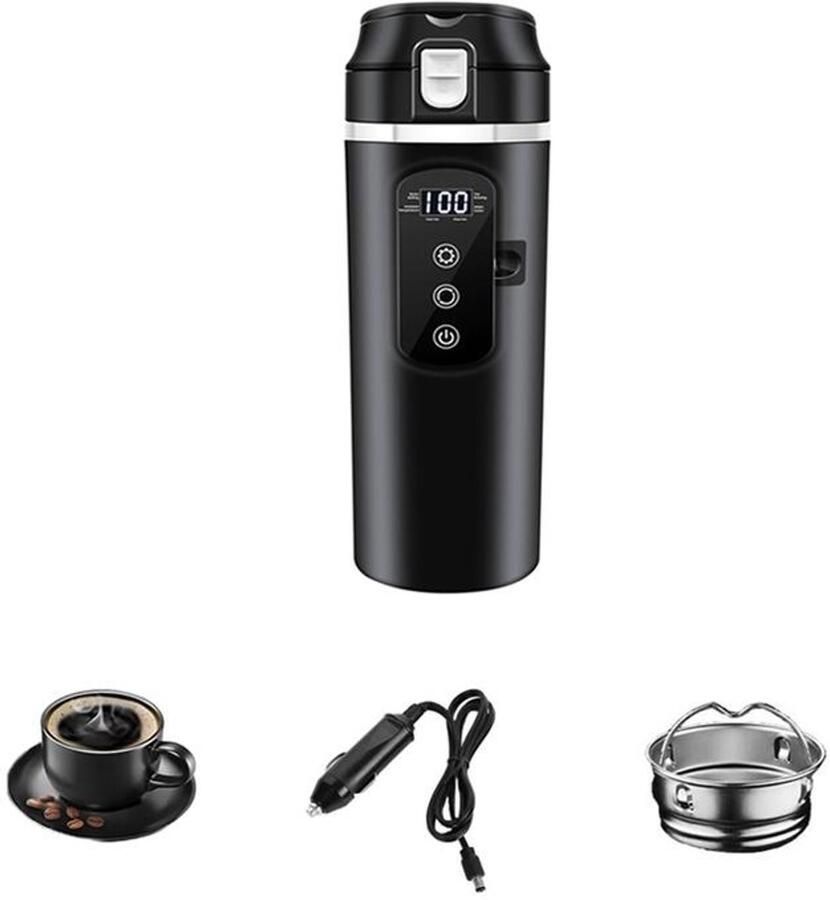 KZQ Autowaterkoker Draagbare reiswaterkoker Lekvrij deksel Binnenkant van 304 roestvrij staal Instelbare temperatuur Geschikt voor auto's campers en vrachtwagens 500 ml Inclusief filter en snoer 12V 24V