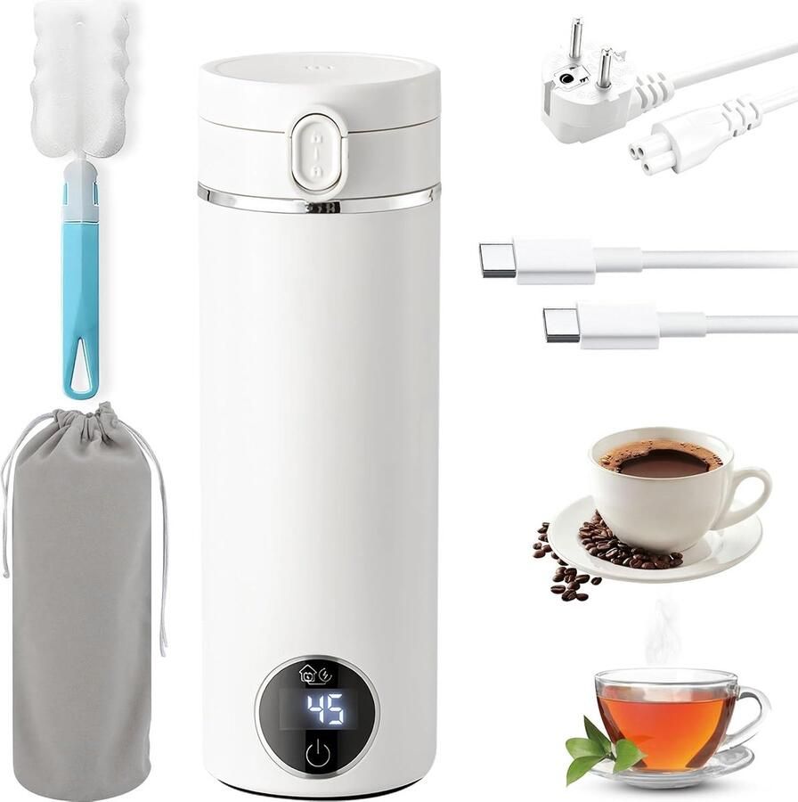 KZQ Compacte draagbare elektrische waterkoker op USB-C (500 ml roestvrij staal) – voorzien van automatische uitschakeling en oververhittingsbeveiliging – ondersteunt 6 temperatuurinstellingen