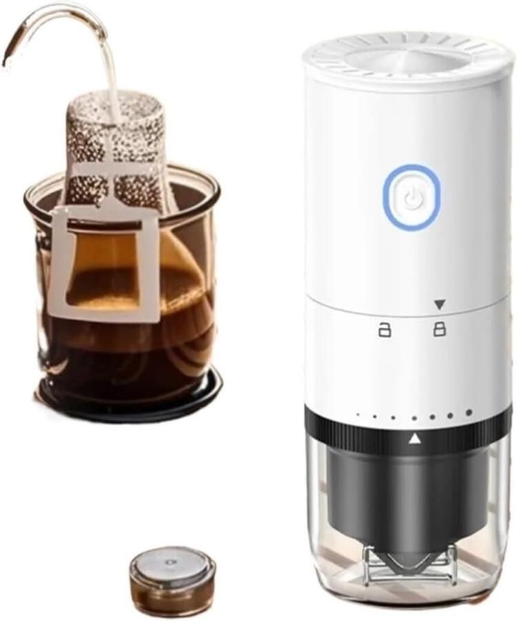 KZQ Draagbare Koffiemachine met Oplaadbare Koffiemolen Keramische Maalstenen Elektrische Grinder voor Kamperen Wandelen en Kantoorgebruik Wit