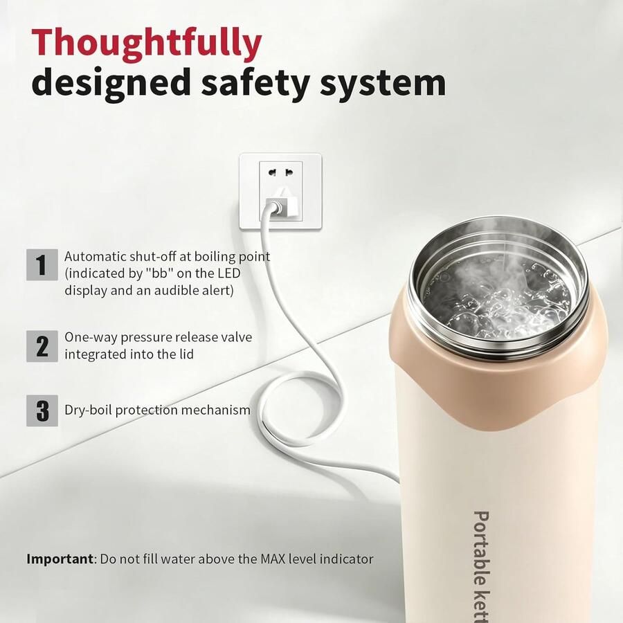 KZQ Elektrische Reiswaterkoker Draagbare Mini Waterkoker Gemaakt van 306 roestvrij staal 6 temperatuurinstellingen automatische uitschakeling Perfect voor het zetten van thee koffie en melk 500 ml