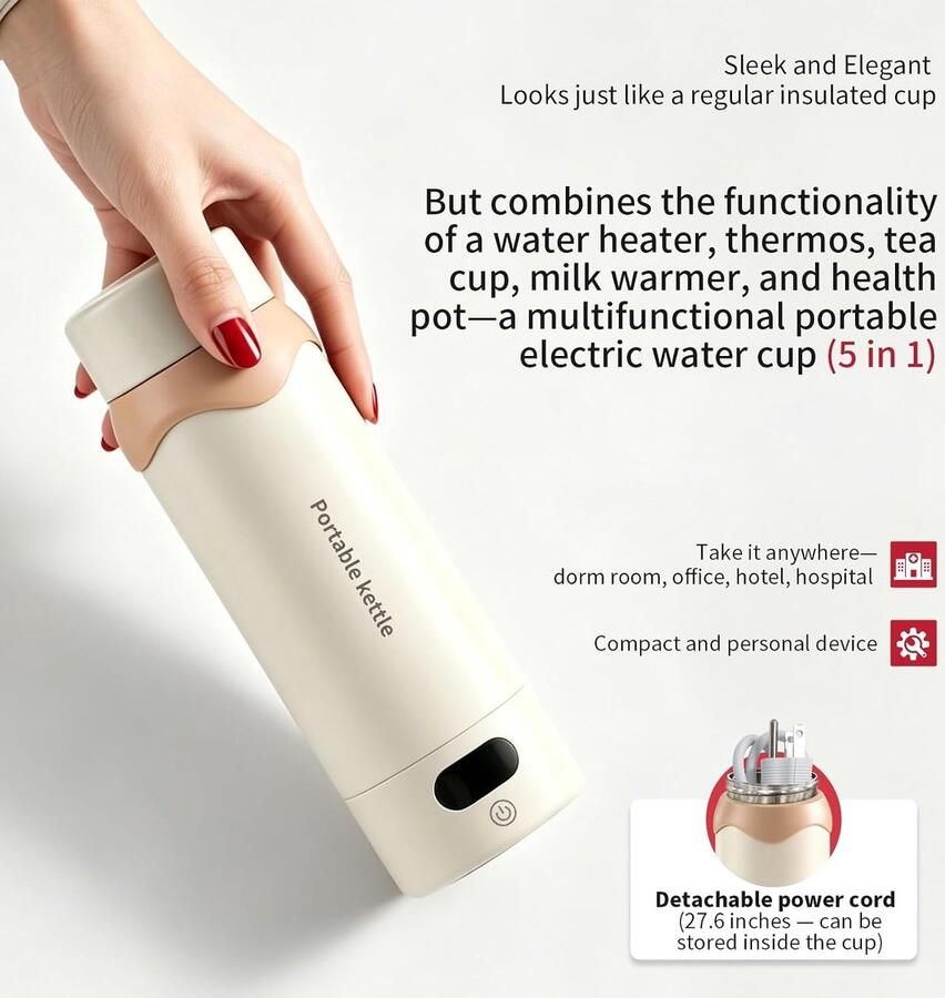 KZQ Elektrische Reiswaterkoker Draagbare Mini Waterkoker Gemaakt van 316 roestvrij staal 6 temperatuurinstellingen automatische uitschakeling Perfect voor het zetten van thee koffie en melk 500 ml