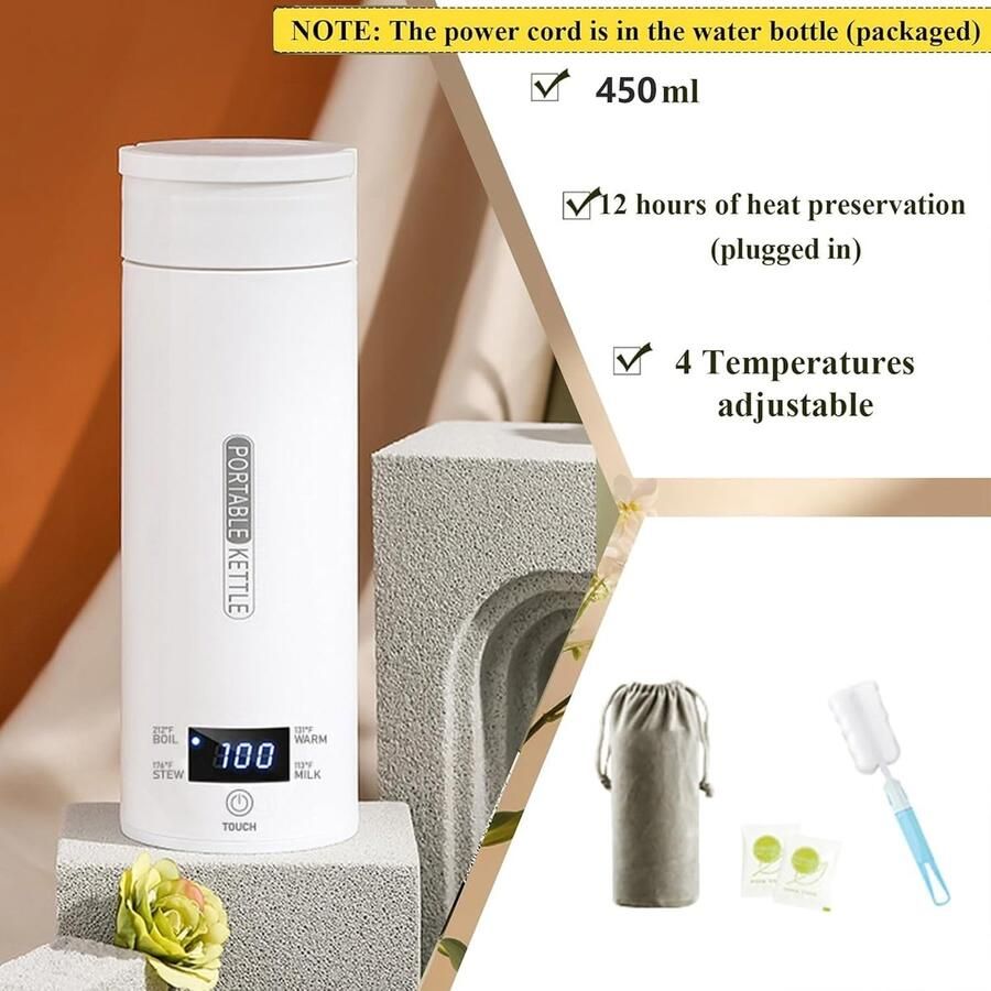 KZQ Elektrische Reiswaterkoker Draagbare Waterkoker Gemaakt van 304 roestvrij staal Temperatuurinstelling Zet gemakkelijk koffie thee en melk altijd en overal Wit 500 ml Inclusief schoonmaakborstel en opbergtas