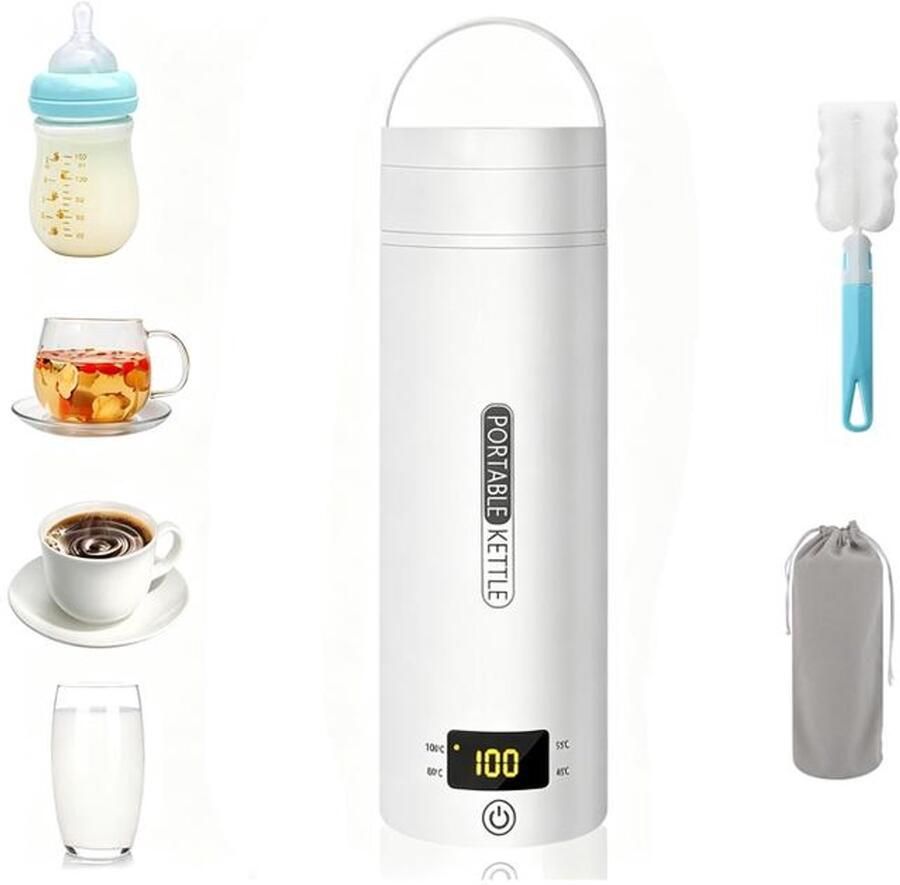 KZQ Elektrische Reiswaterkoker Draagbare Waterkoker Gemaakt van 304 roestvrij staal Temperatuurinstelling Zet gemakkelijk koffie thee en melk altijd en overal Wit 500 ml Inclusief schoonmaakborstel en opbergtas