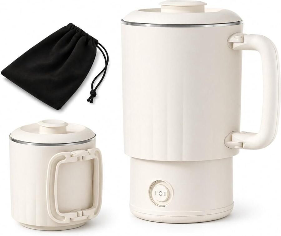 KZQ elektrische reiswaterkoker Dubbelwandig Opklapbaar handvat Binnenkant van 304 roestvrij staal Kookt snel Geschikt voor thuis op reis en op de camping Beige 800 ml Inclusief opbergtas