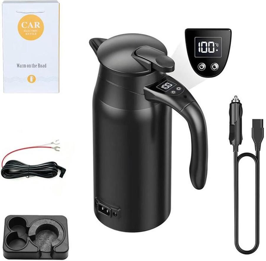 KZQ Elektrische waterkoker voor de auto – Draagbare multifunctionele waterkoker – 12V 24V – 800 ml – Dubbelwandige isolatie – Digitaal display – Basis – Voedingskabel voor de auto – Accukabel van 4 meter – Verbeterde versie