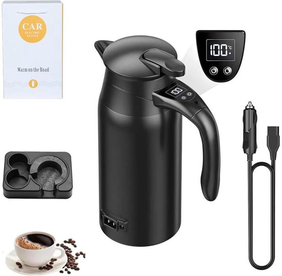 KZQ Elektrische waterkoker voor de auto – Draagbare multifunctionele waterkoker – 12V 24V – 800 ml – Dubbelwandige isolatie – Digitaal display – Voetstuk – Voedingskabel voor de auto – Verbeterde versie